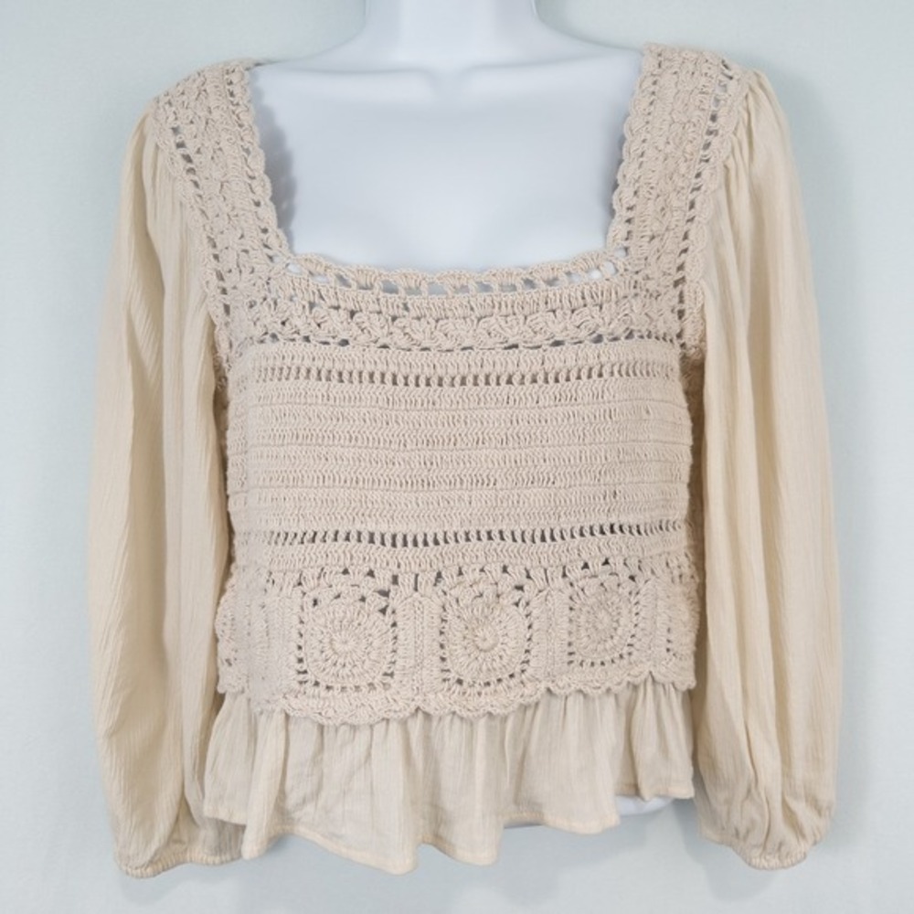 Crochet Smocked Square Neck 3/4 Sleeve Top Medium Beige Cottage Boho Festival